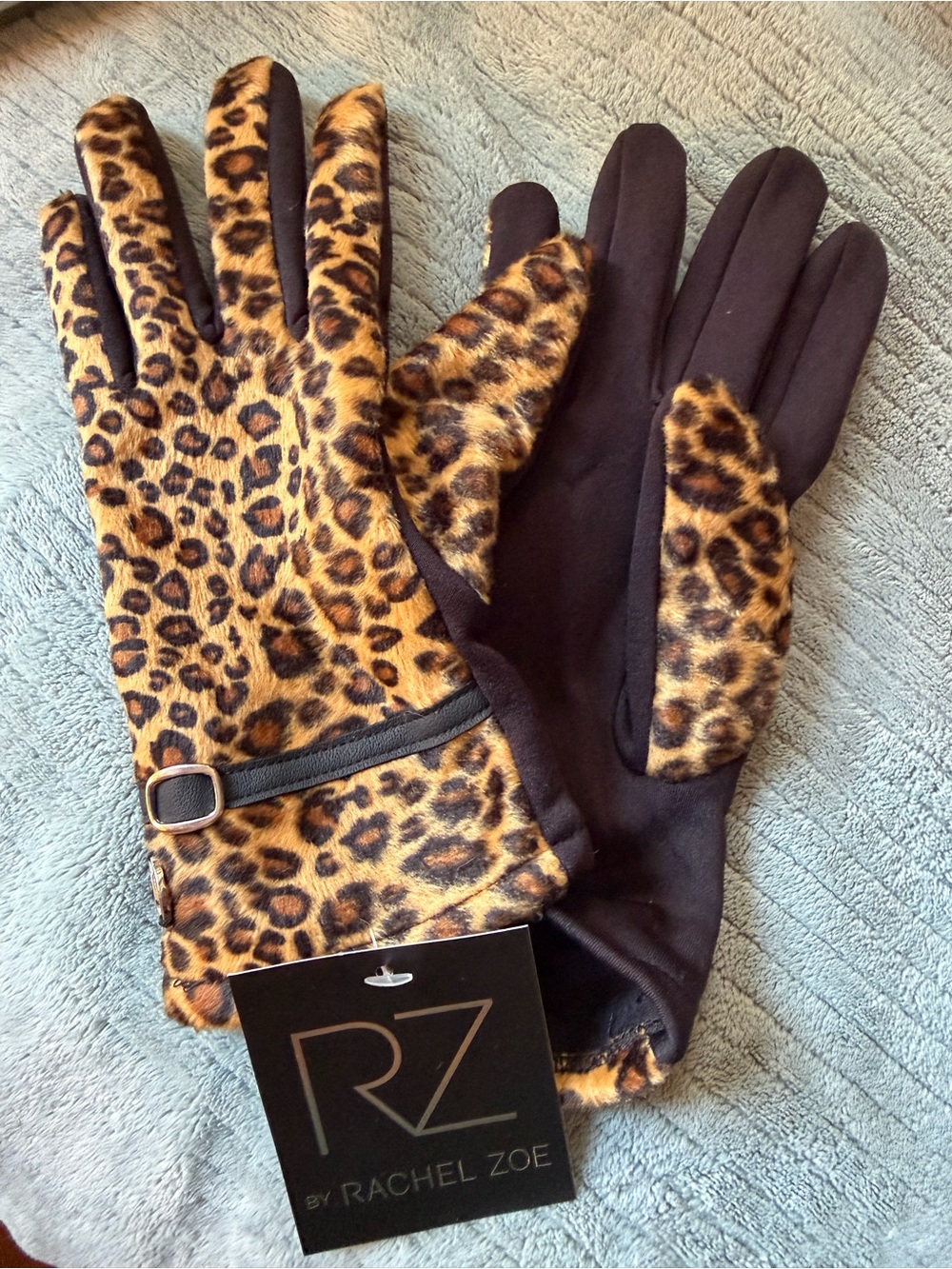 Rachel Zoe Leopard Print Brown and Black Women's Gloves with Buckle Detail